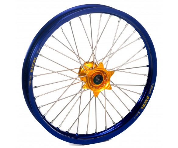 Haan Wheels, Komplett Hjul, 1,60, 21", FRAM, BLÅ GULD, SHERCO 12-13 450 Enduro Racing/510 SE Racing, 13 450 SE, 14-19 450 SEF, 23-25 450 SEF FACTORY, 22 450 SEF-Factory, 20-21 450 SEF-R, 04-11 Enduro 4.5i, 23-25 250 SE FACTORY/250 SEF FACTORY, 12-19 250 S
